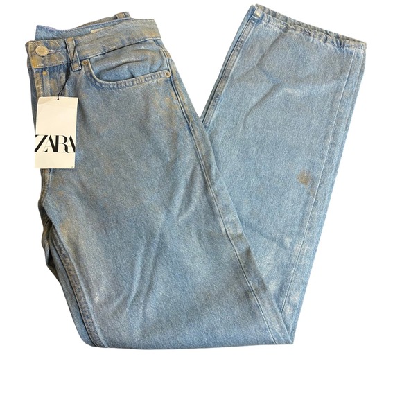 Zara Denim - NWT ZARA New Woman Mid-waist Light Wash Metallic Straight Leg Jeans Size 34